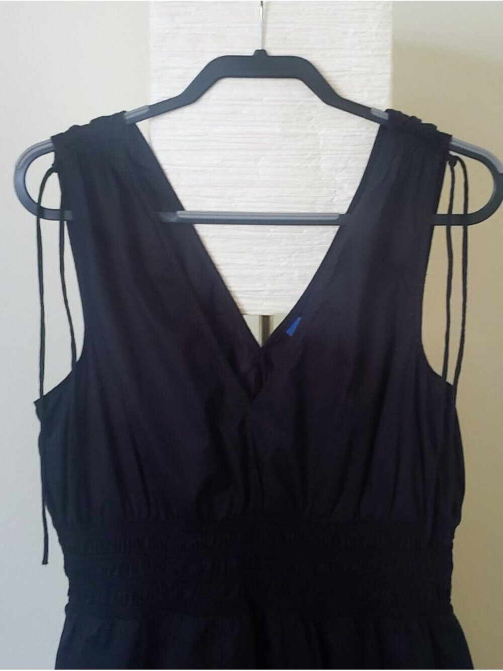 Old Navy Black Cotton Smocked Midi Dress Large L Tie Shoulder Casual Summer Sun - Picture 2 of 10